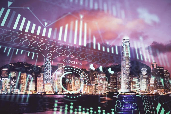 Dubbele blootstelling van technologie thema hologram en stadsgezicht achtergrond. Begrip hightech. — Stockfoto