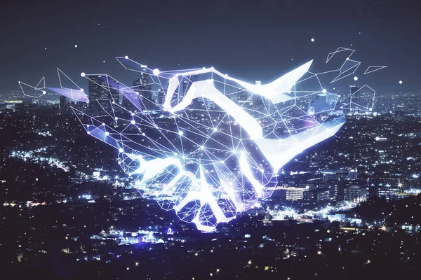 Şehir manzarası arka planında el sıkışma hologramına çifte maruz kalma. Ortaklık kavramı.