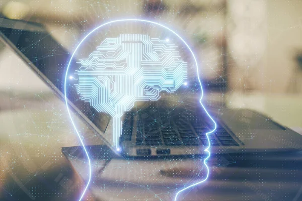 Подвійна експозиція стільниці з комп'ютером і голограмою малювання мозку. Концепція штучного інтелекту . — стокове фото