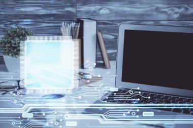 Bilgisayarın arka planda ve teknik tema çiziminde çoklu pozlama. Büyük veri kavramı.