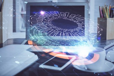 Arka planda kişisel bilgisayarı ve teknik tema çizimi olan iki kat masaüstü görüntüsü. Veri analizi kavramı.