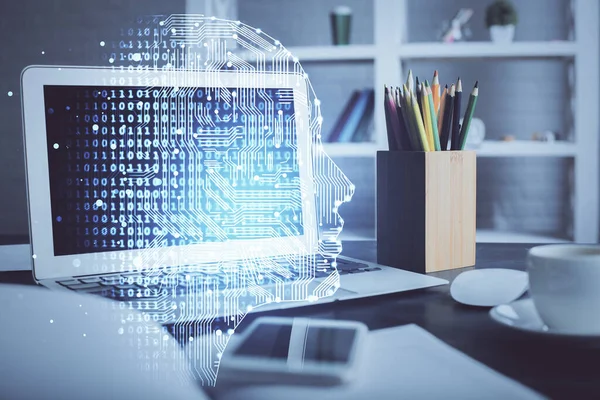 Dubbele blootstelling van desktop computer en menselijke hersenen tekenen hologram. Ai-concept. — Stockfoto