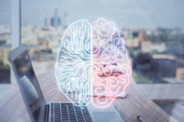 Bilgisayar ve insan beyin hologramıyla çalışma alanının çoklu açığı. Beyin fırtınası konsepti.