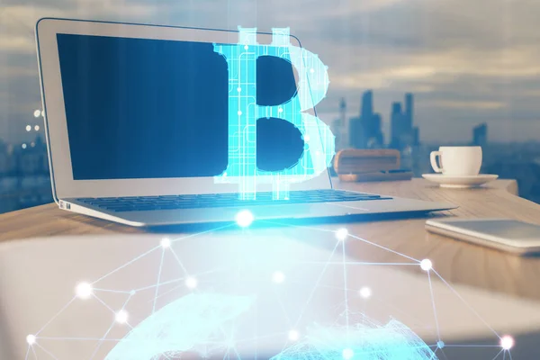 Double exposure of blockchain theme hologram and table with computer background. Concept of bitcoin crypto currency. — Stock Photo, Image