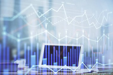 Bilgisayar geçmişi olan eski grafik hologramı. Çoklu maruz kalma. Finans piyasası kavramı.