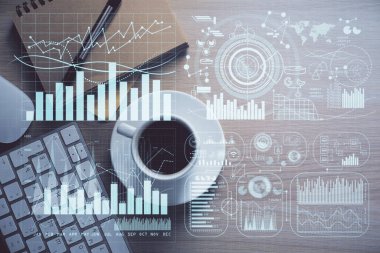 Forx grafik çizimi ve çalışma masası üst veiw çoklu pozlama. Mali analiz kavramı.