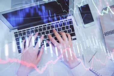 Bilgisayar ve ön x çizim hologramı üzerinde çalışan kadın elleri çift pozlama. Üst Manzara. Mali analiz kavramı.