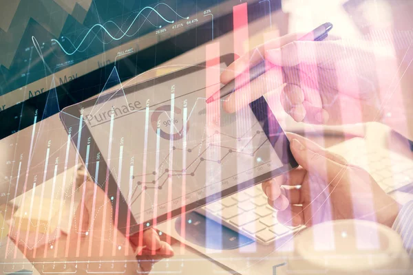 Double exposure of mans hands holding and using a phone and financial chart drawing. Market analysis concept. — Stock Photo, Image