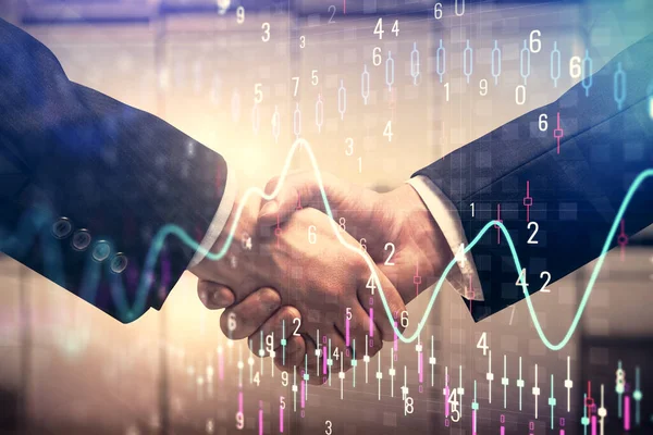 Double exposure of forex graph hologram and handshake of two men. Stock market concept. — Stock Photo, Image