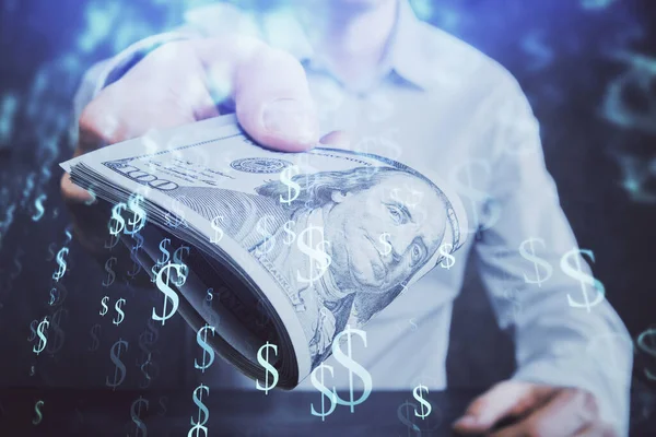 Multi expozice finanční graf kreslení hologram a americké dolary bankovky a mužské ruce. Koncept analýzy. — Stock fotografie