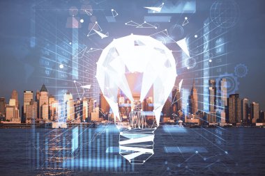 Ampul hologram çizimine ve şehir manzarasına çoklu maruz kalma. Fikir kavramı.