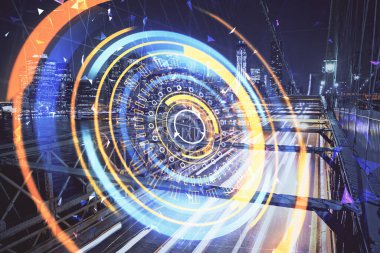 Teknoloji temalı hologramın ve şehrin arka planının iki katına çıkarılması. Yüksek Teknoloji kavramı.