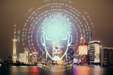 Şehrin arka planına beyin hologramı çizimi. Çifte maruz kalma. Beyin fırtınası konsepti.