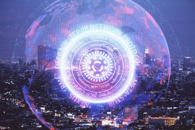 Teknoloji temalı hologramın ve şehrin arka planının iki katına çıkarılması. Yüksek Teknoloji kavramı.