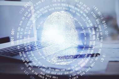 Ofisteki bilgisayarın parmak izi çizimi. Çifte maruziyet. İş veri güvenliği kavramı.