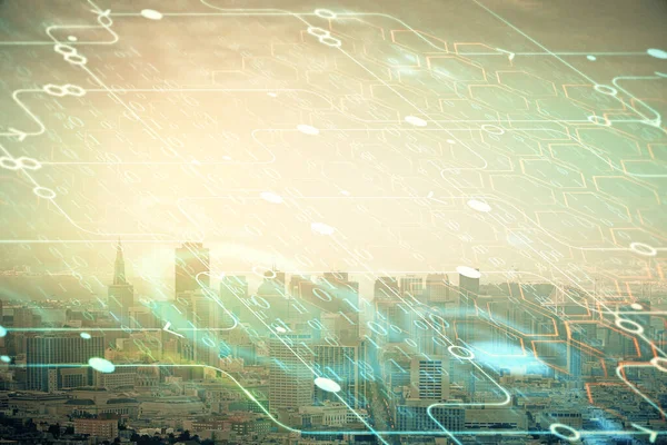 Изображение Голограммы Фоне Небоскребов Двойной Экспозицией Технологическая Концепция — стоковое фото