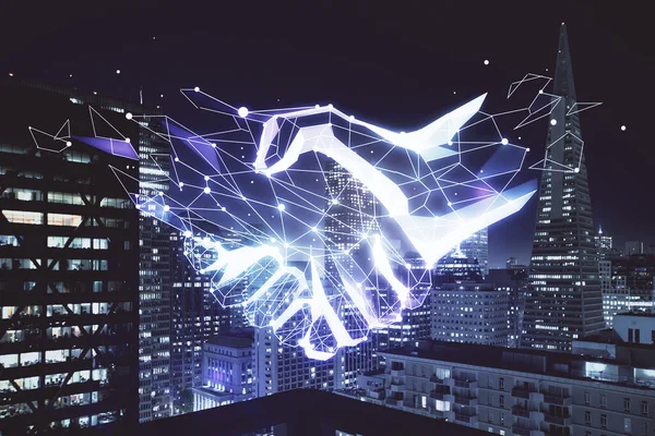Dubbele Blootstelling Van Handdruk Hologram Stad Uitzicht Achtergrond Begrip Partnerschap — Stockfoto