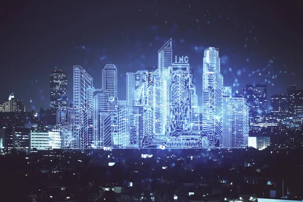 Double Exposure Buildings Hologram Cityscape Background Concept Smart City — Stock Photo, Image