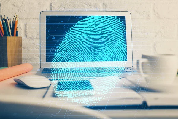 Computer Auf Desktop Büro Mit Fingerabdruckzeichnung Doppelbelichtung Konzept Der Datensicherheit — Stockfoto