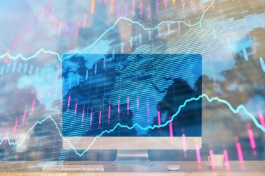 Eski pazar grafiği hologramı ve kişisel bilgisayar geçmişi. Çoklu maruz kalma. Yatırım kavramı.