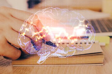 Haman beyin çoklu maruz kalma ikonu, erkek eli arka plan. Ai kavramı.