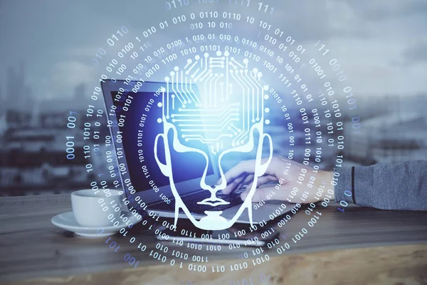 Hombre de negocios con antecedentes informáticos con holograma de tema cerebral. Concepto de tormenta de ideas. Exposición múltiple. —  Fotos de Stock