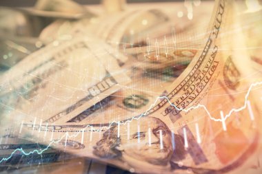 Önx grafiğinin arka plandaki dolarları iki katına çıkarması. Finans piyasası kavramı.