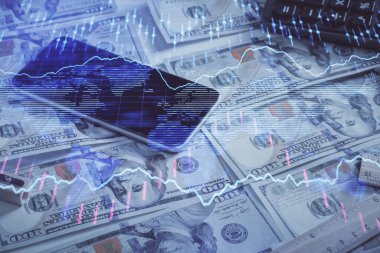 Önx grafiğinin arka plandaki dolarları iki katına çıkarması. Finans piyasası kavramı.