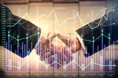 Forx grafik hologramı ve iki adamın el sıkışması. Borsa konsepti.