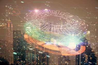 Veri temalı hologram gökdelenlerin arka planında çift pozlama ile şehir görünümüne çizim yapıyor. Ai kavramı.