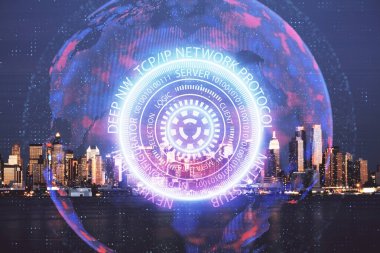 Teknoloji temalı hologramın ve şehrin arka planının iki katına çıkarılması. Yüksek Teknoloji kavramı.
