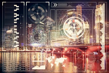 Veri temalı hologram gökdelenler arka planda çoklu pozlama ile şehir görünümüne çizim yapıyor. Ai kavramı.
