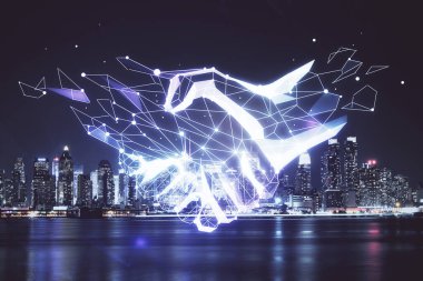 Şehir manzarası arka planında el sıkışma hologramına çifte maruz kalma. Ortaklık kavramı.
