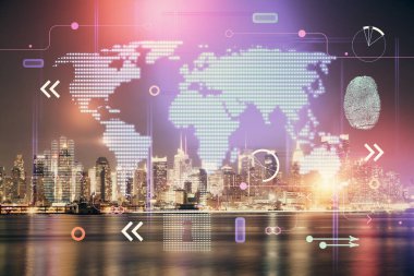 Şehir görünümünde harita ve veri temalı hologram ile gökdelenler arka planda çift pozlama. İş kavramında uluslararası teknoloji.