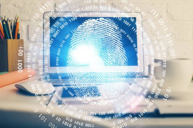 Ofisteki bilgisayarın parmak izi çizimi. Çifte maruziyet. İş veri güvenliği kavramı.