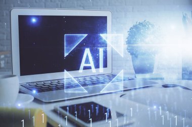 Kişisel bilgisayar ve teknik tema çizimi ile masaüstü çok açıkta. Büyük Veri Kavramı.