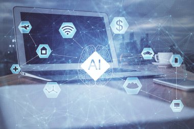 Bilgisayar ve teknoloji temalı holograma çifte maruz kalma. Serbest çalışma kavramı.