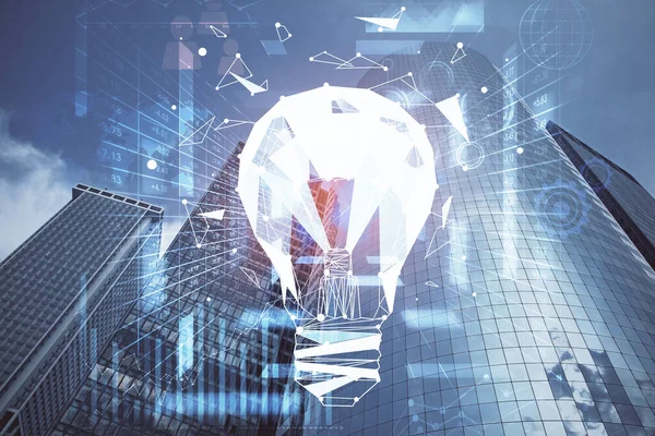 Ampul hologram çizimine ve şehir manzarasına çoklu maruz kalma. Fikir kavramı.