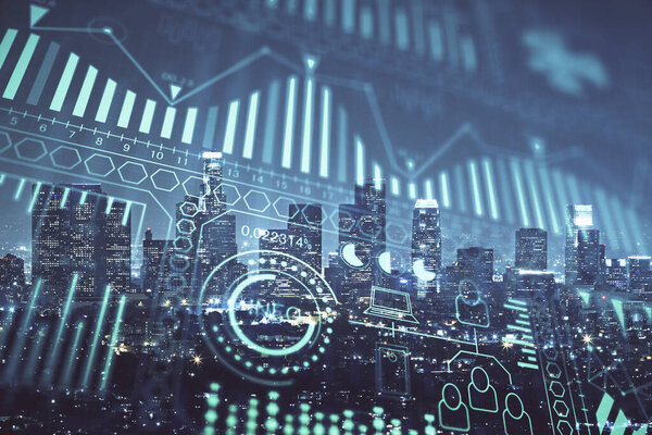 Double exposure of technology theme hologram and cityscape background. Concept of Hightech.