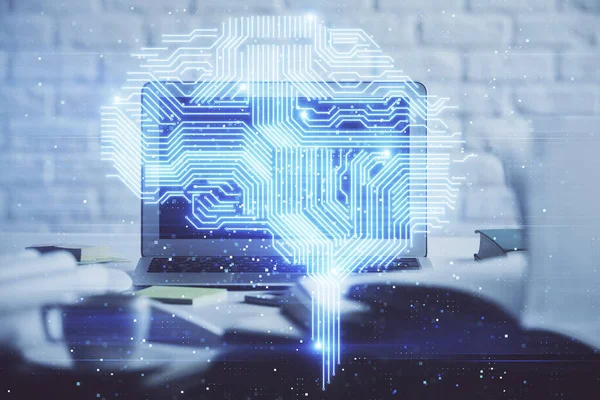 Dupla Exposição Espaço Trabalho Com Holograma Desenho Computador Cérebro Humano — Fotografia de Stock