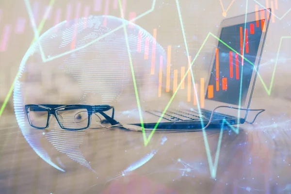 Stock Market Chart Hologram Drawn Personal Computer Background Double Exposure — Stock Photo, Image