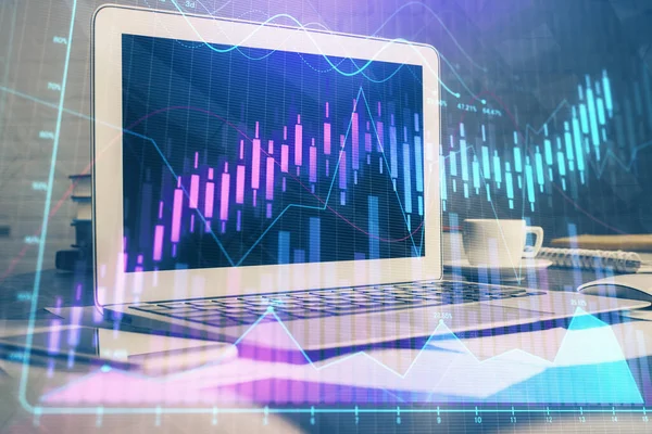 Holograma Gráfico Del Mercado Financiero Computadora Personal Segundo Plano Doble —  Fotos de Stock