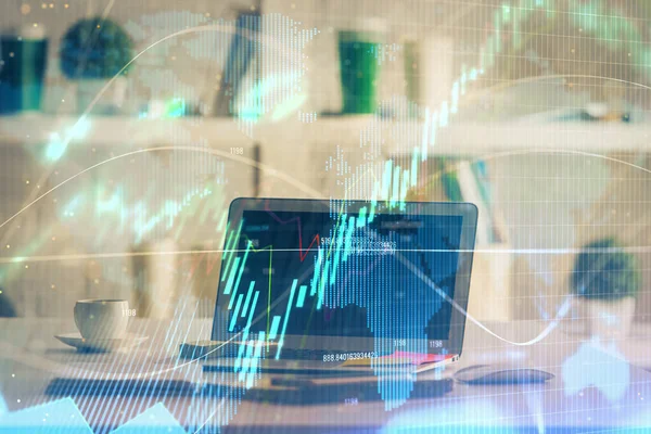 Forex Marktkaart Hologram Personal Computer Achtergrond Meervoudige Blootstelling Begrip Investering — Stockfoto