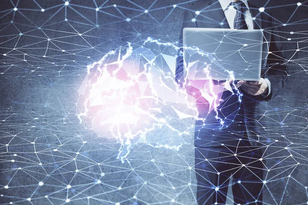 Geschäftsmann Mit Computerhintergrund Mit Hologramm Zum Thema Gehirn Konzept Des — Stockfoto