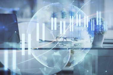 Finansal grafik çizimine ve ofis içi arka planına çifte maruz kalma. Borsa konsepti.