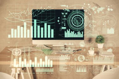Finansal grafik çizimi ve ofis içi arka planının çoklu pozu. Pazar analizi kavramı.