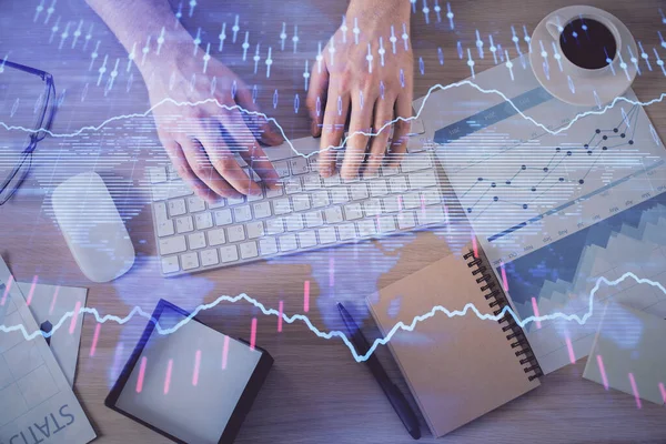 Multi Exposición Las Manos Del Hombre Escribiendo Sobre Teclado Computadora — Foto de Stock