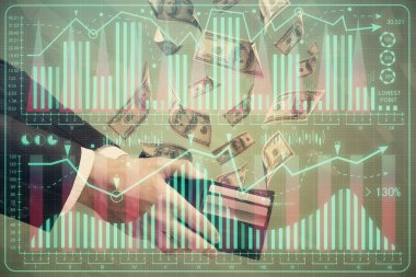 Finansal grafiğe çoklu pozlama hologram, Amerikan dolarları ve insan eli. Analiz kavramı.