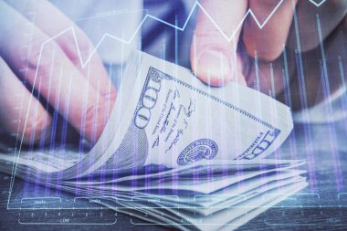 Forx grafiği, hologram, Amerikan dolarları ve insan eli çizimleri. Teknik Analiz kavramı.