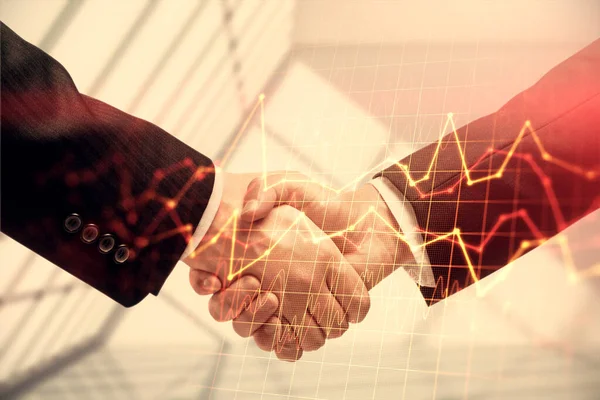 双曝光的外汇图全息图和握手两名男子 股票市场概念 — 图库照片
